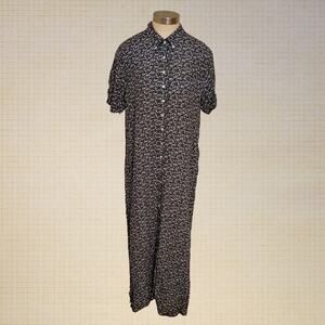 J Dabner 90s Floral Button Front Rayon House Dress Size Large Maxi Black White